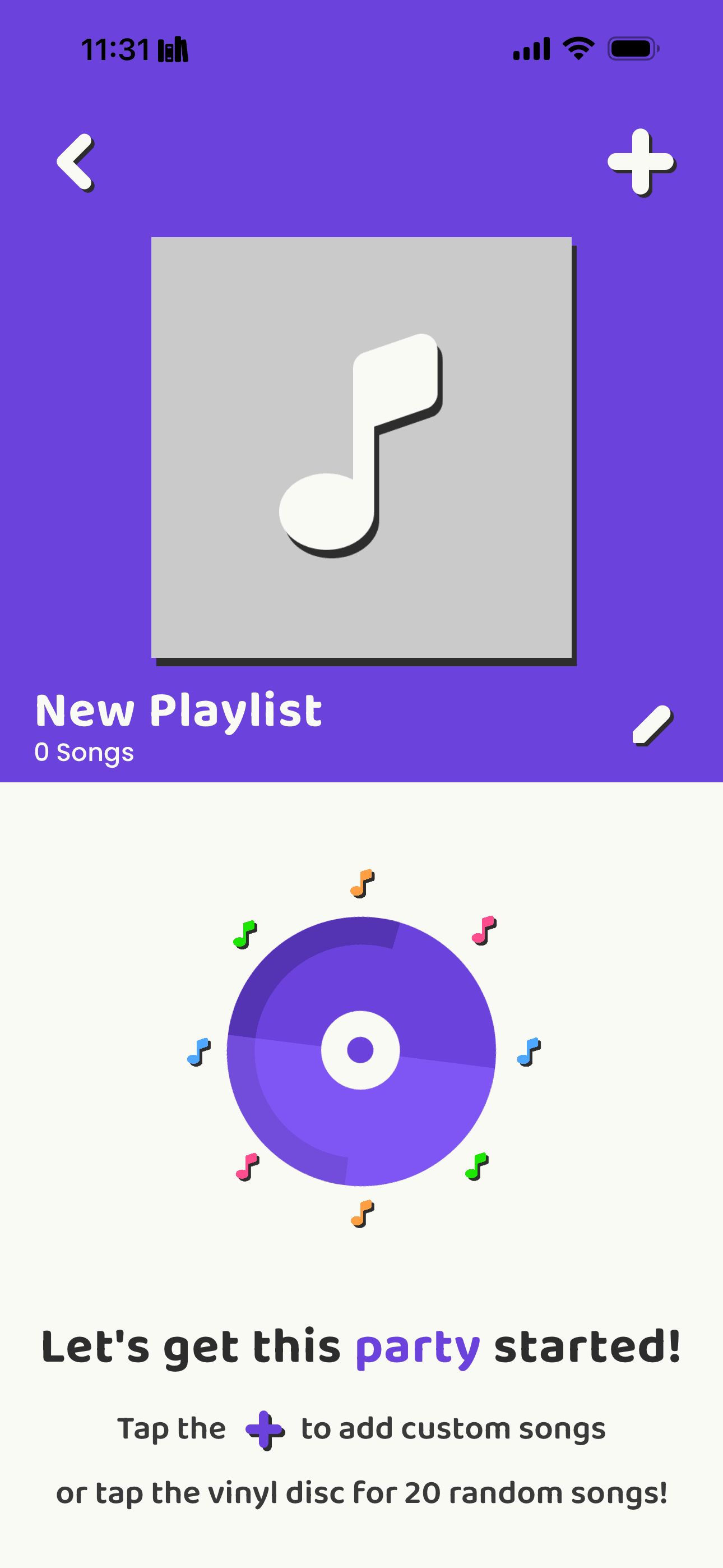 Empty playlist screen with add songs prompt
