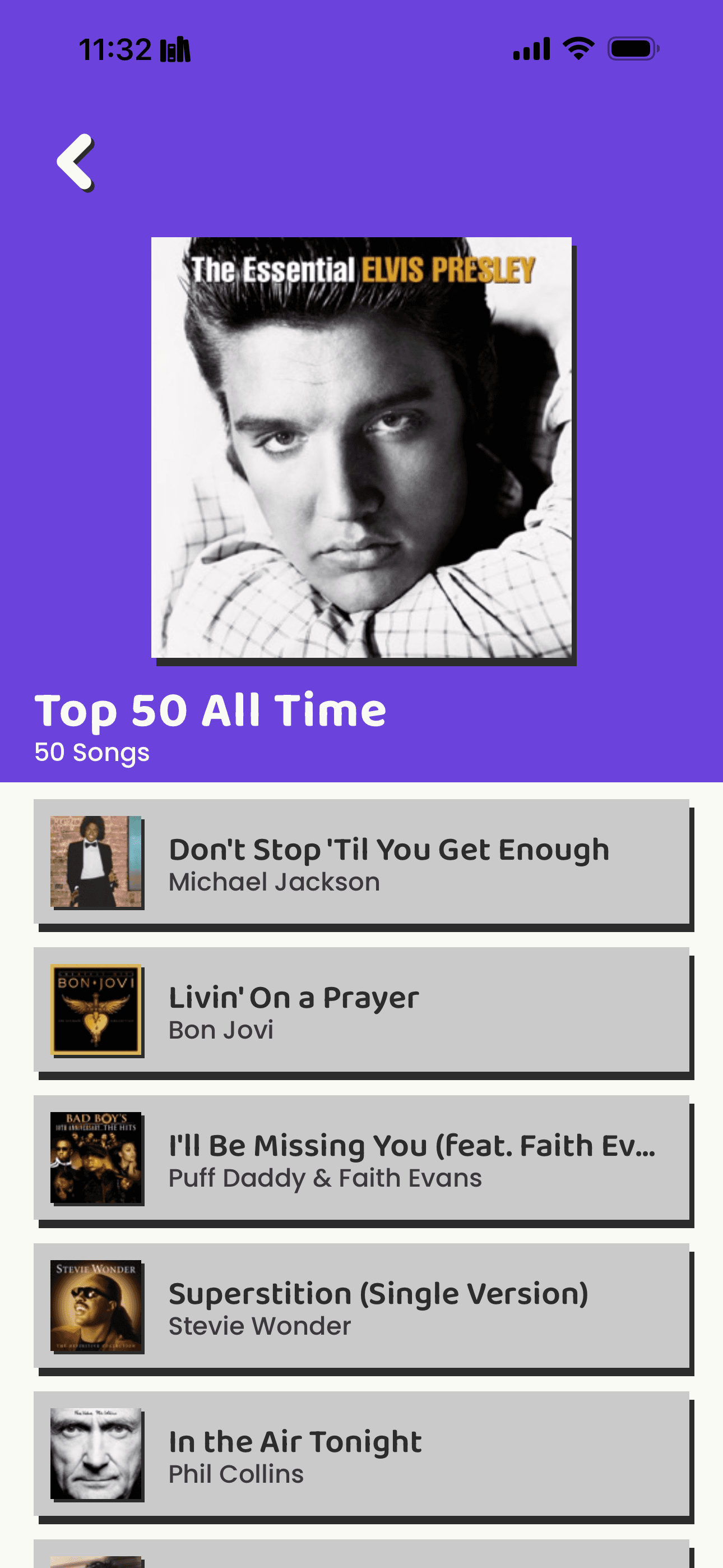 Playlist detail screen with song list